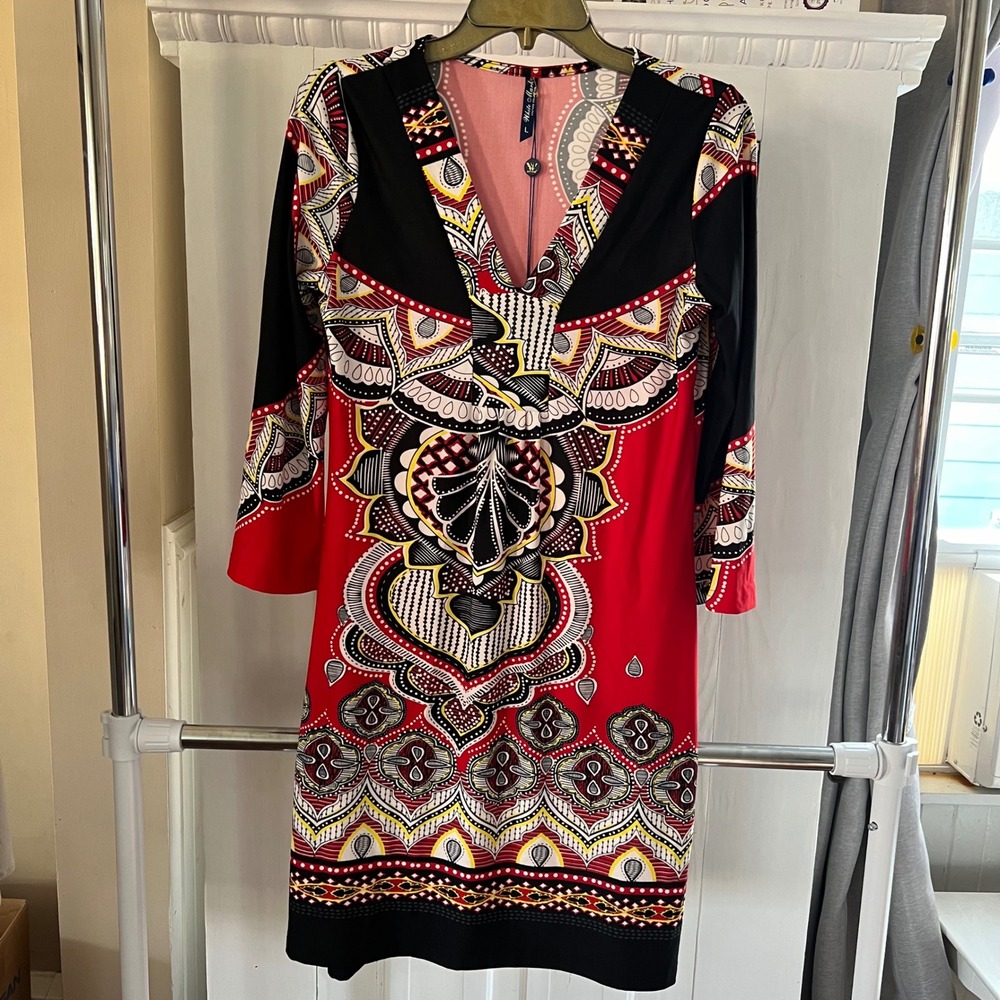 White Mark Couture Collection Aztec Red Geometric V-Neck Sheath Dress Size L